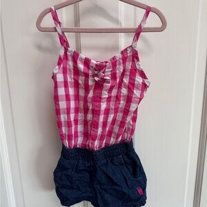 US Polo Assn 4T Girls Pink Picnic Spaghetti Strap Romper